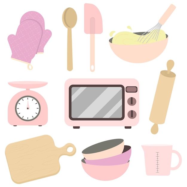 Flat design of pink pastel baking tools and kitchen utensils