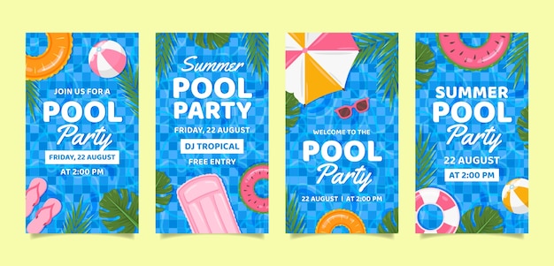 Flat design of pool party instagram stories template