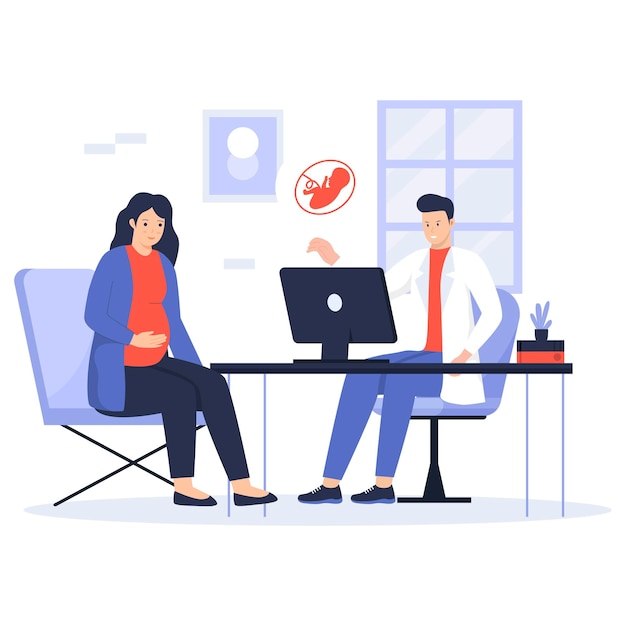 Flat design of pregnant woman visiting doctor for examination