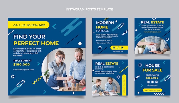 Flat design real estate instagram posts template