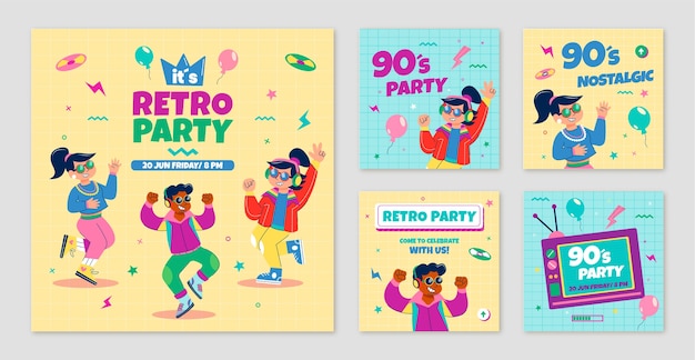 Flat design retro 90s party instagram posts