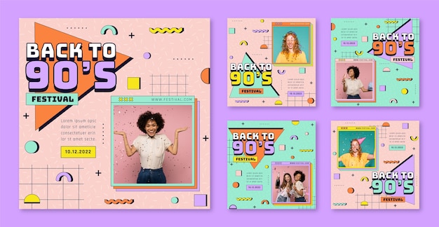 Flat design retro 90s party instagram posts