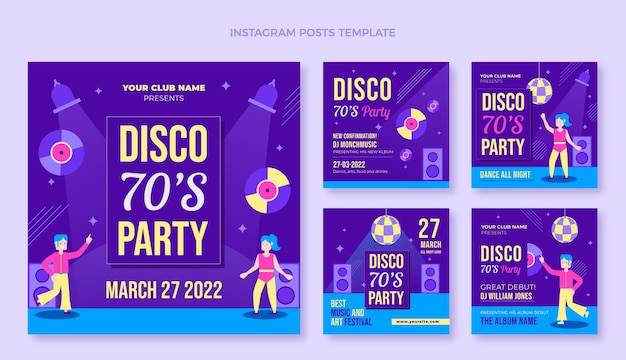 Flat design retro disco party instagram posts