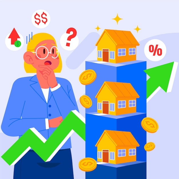 Flat design rising house prices illustration