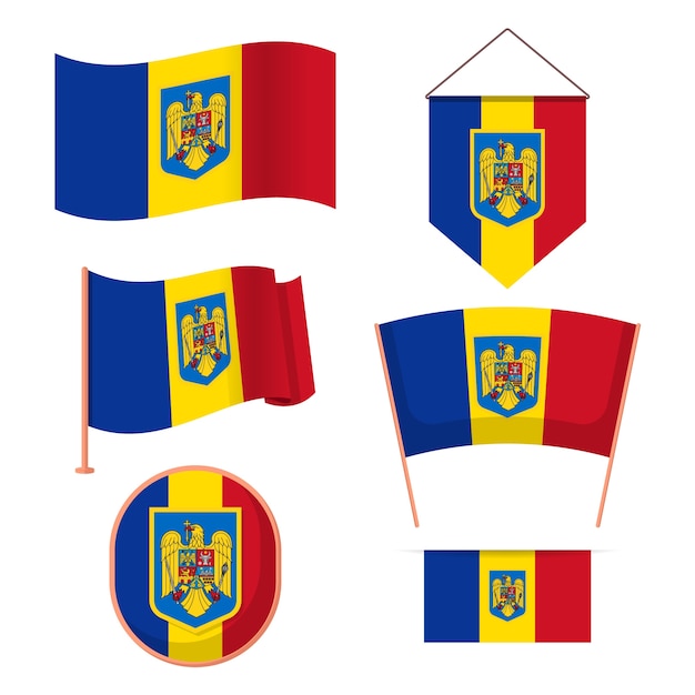 Flat design romanian flag and national emblems collection