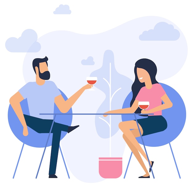 Flat design of romantic date Man and woman sitting it the restaurant drinking wine