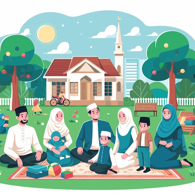 a flat design of sharia muslim family in eid mubarak and ramadan