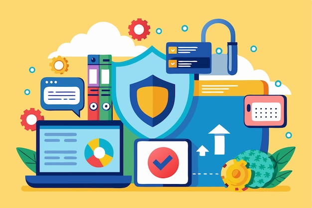 A flat design showcases various tools for secure data management including files graphs and security icons Secure data Customizable Flat Illustration