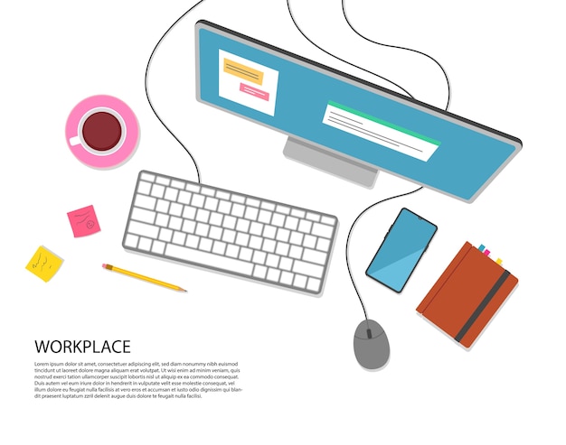 Flat design style. Work on computer. Workplace top view. 