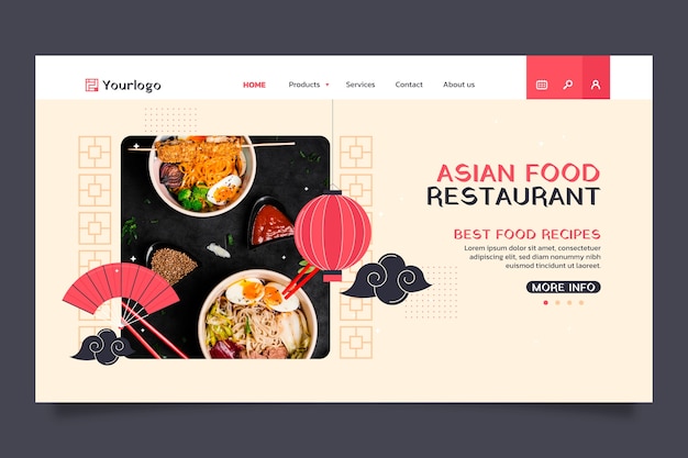 Flat design tasty asian food landing page template