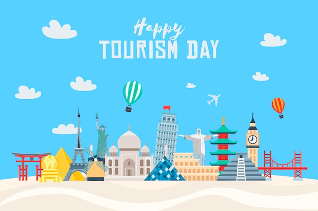 Flat design tourism day illustration with different landmarks