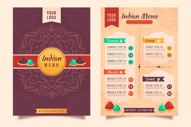 Vector flat design traditional indian restaurant menu template