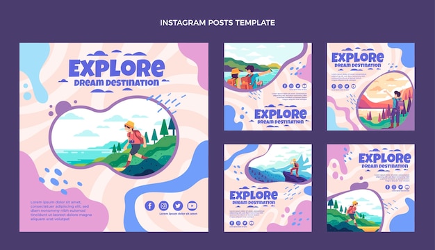 Flat design travel instagram posts template