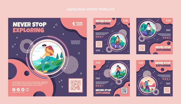 Flat design trekking instagram posts template