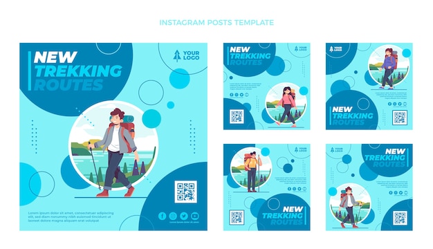 Flat design trekking instagram posts template