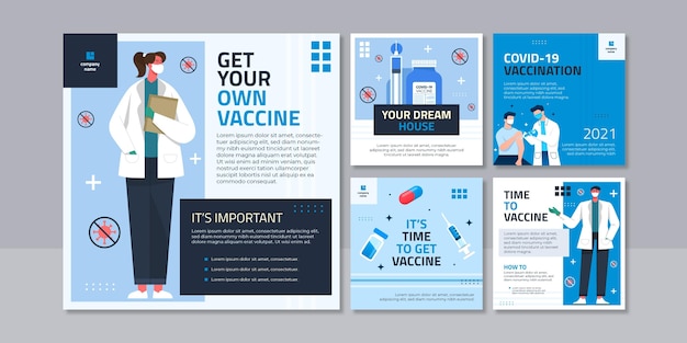 Flat design vaccination instagram posts template