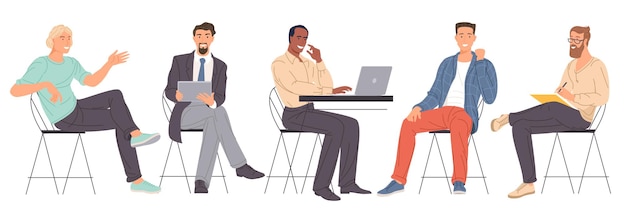 Flat design vector cartoon diverse characters of young men working in office.