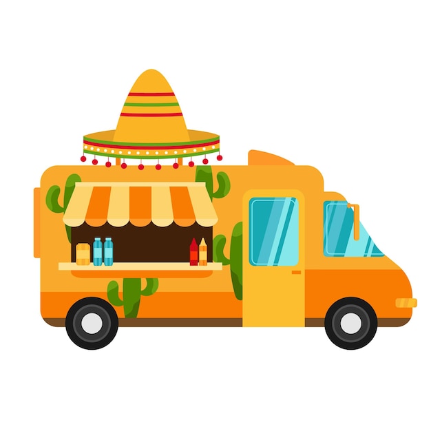 Vector flat design vector cartoon illustration food truck traditional mexican cuisine