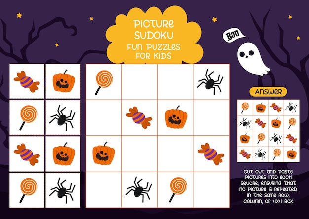 flat design vector cute colorful halloween theme picture sudoku printable for kids activity