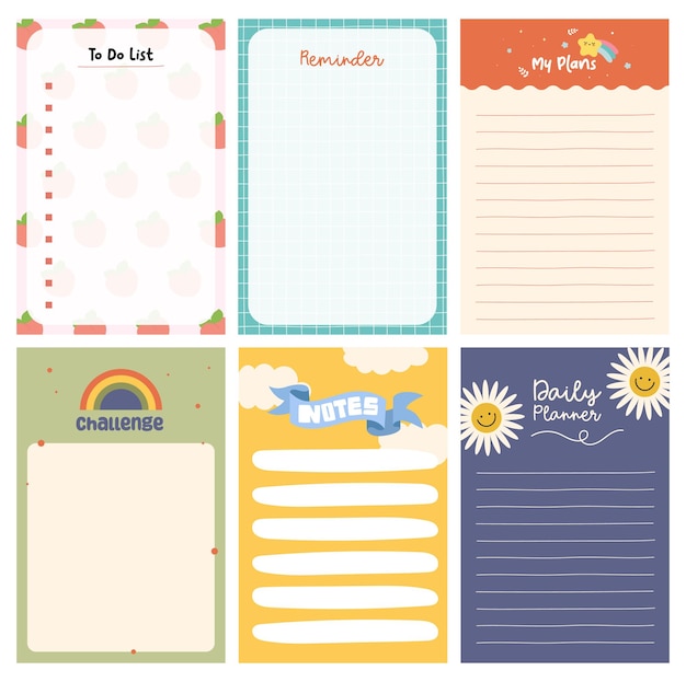 flat design vector cute colorful notepad stationary notes to do list planner printable template