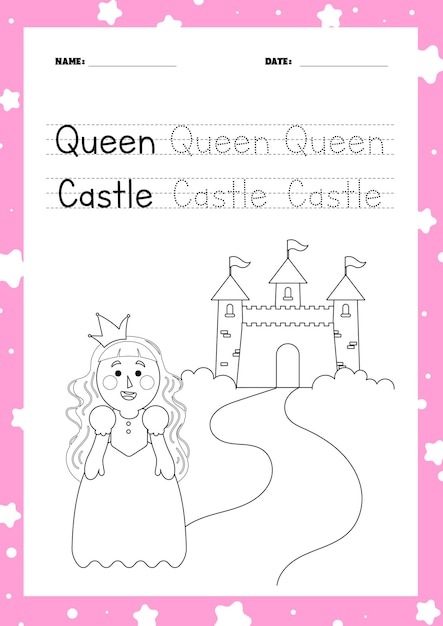 flat design vector cute princess castle coloring printable for kids activity