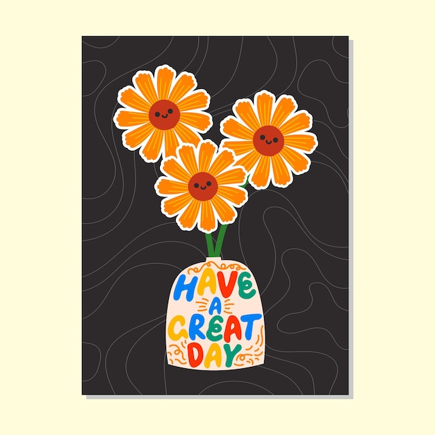 flat design vector hand draw flower vase cute bold vibrant color have a nice day greeting card