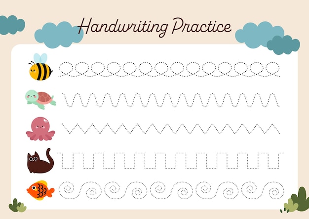 Vector flat design vector handwriting practice printable worksheet for kids activity