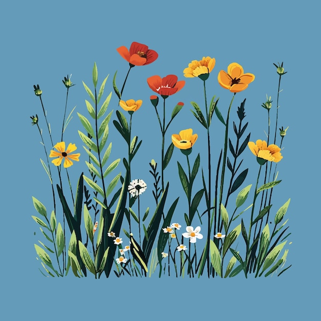 Vector flat design vector illustration of grass and flowers