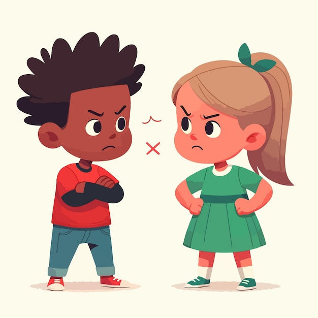 Flat design vector illustration of kids a male and a female arguing