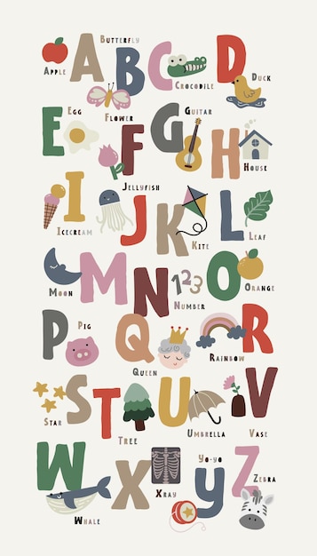 Vector flat design vector learning abc english alphabet printable poster for kids education activity