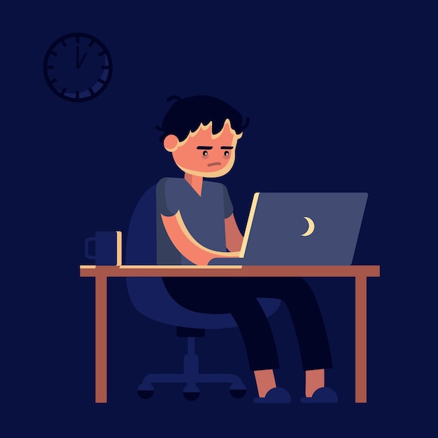 Flat design vector of man doing work at the laptop computer in home. Tired sleepy freelancer man working at home.