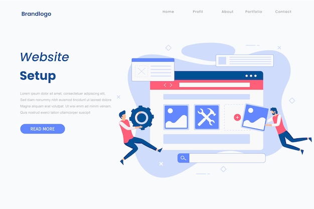 Flat design website setup illustration landing page.