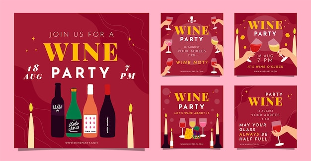 Flat design wine party instagram posts set