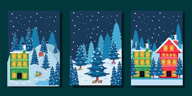 Flat design winter, christmas in town, winter in city with building, tree, mountain and snow