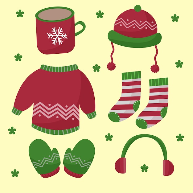 Vector flat design winter clothes and essentials for christmas