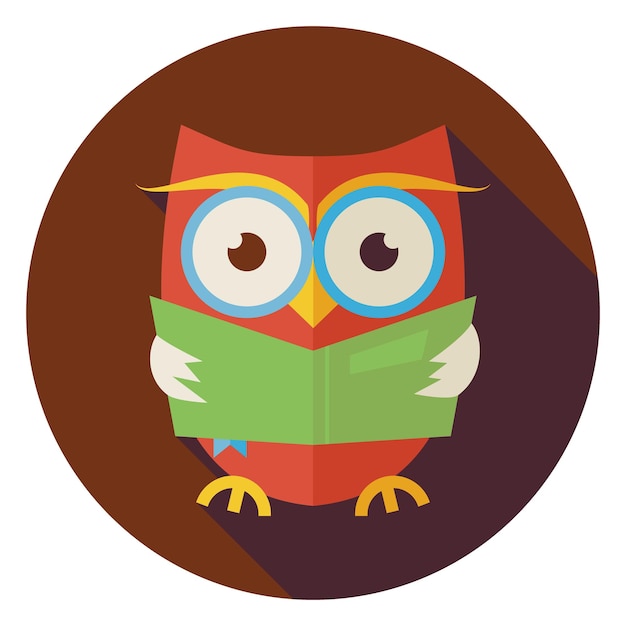 Flat Design Wisdom Bird Owl Reading Book Circle Icon with Long Shadow. Back to School and Education Vector illustration. Flat Style Clever Colorful Owl Bird Reading the Book