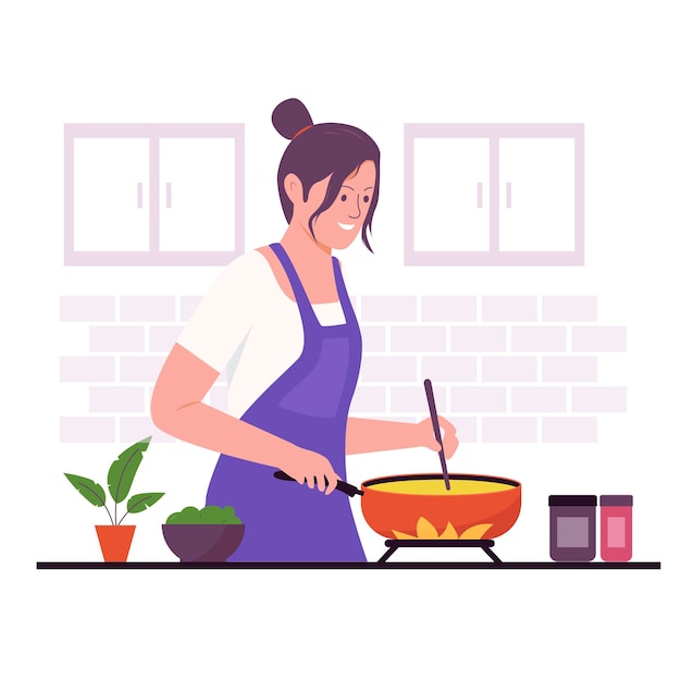 Flat design of woman cooking in kitchen