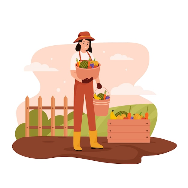 Flat design of woman harvesting at farm