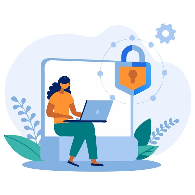 Vector flat design a woman using a laptop cyber security illustration