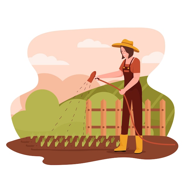 Flat design of woman watering plants at the farm