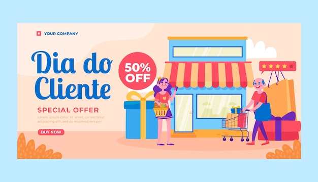 Flat dia do cliente horizontal banner template