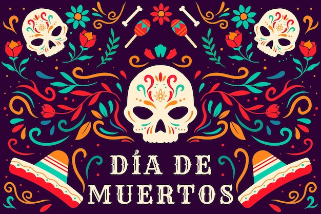 Flat Dia de muertos day of dead background illustration with ornament sombrero and maracas