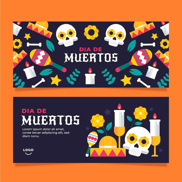 Flat dia de muertos horizontal banners set