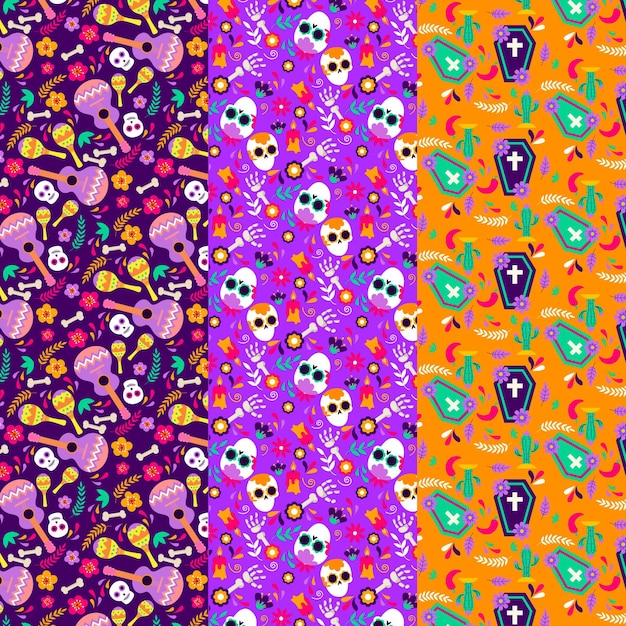 Flat dia de muertos patterns collection