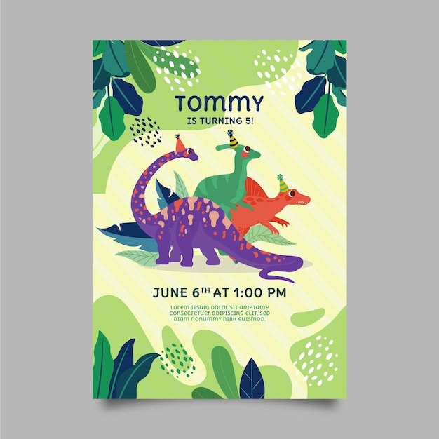 Flat dinosaur birthday invitation template