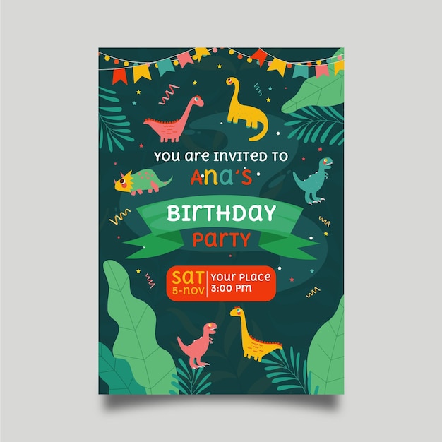 Flat dinosaur birthday invitation template