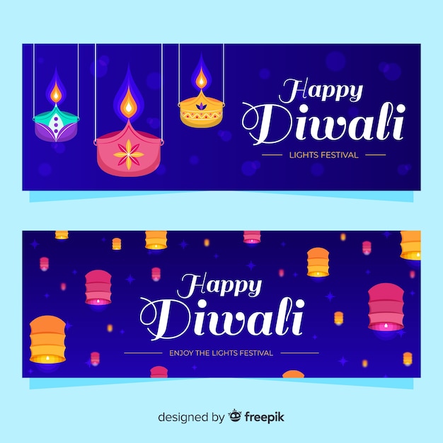 Flat diwali web banners with traditional ornaments