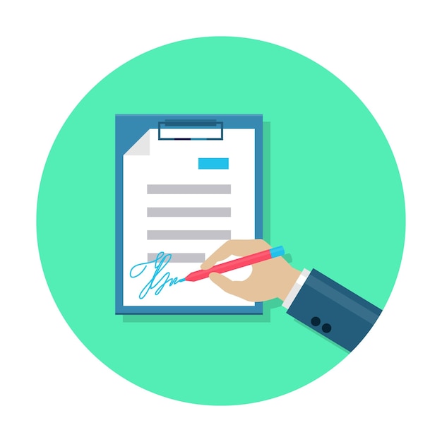 Flat document signing icon in rounded shape Signature on paper Web and mobile design element Office business symbol Vector colored illustration