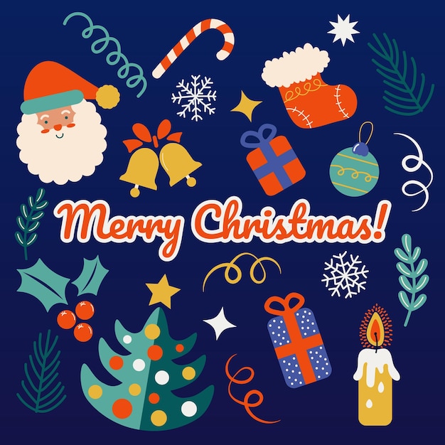 Flat Doodle Christmas Greetings Card vector set