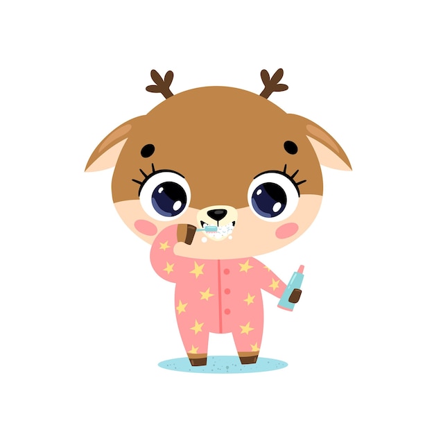  flat doodle cute cartoon baby deer brushing teeth. Animals brush their teeth.